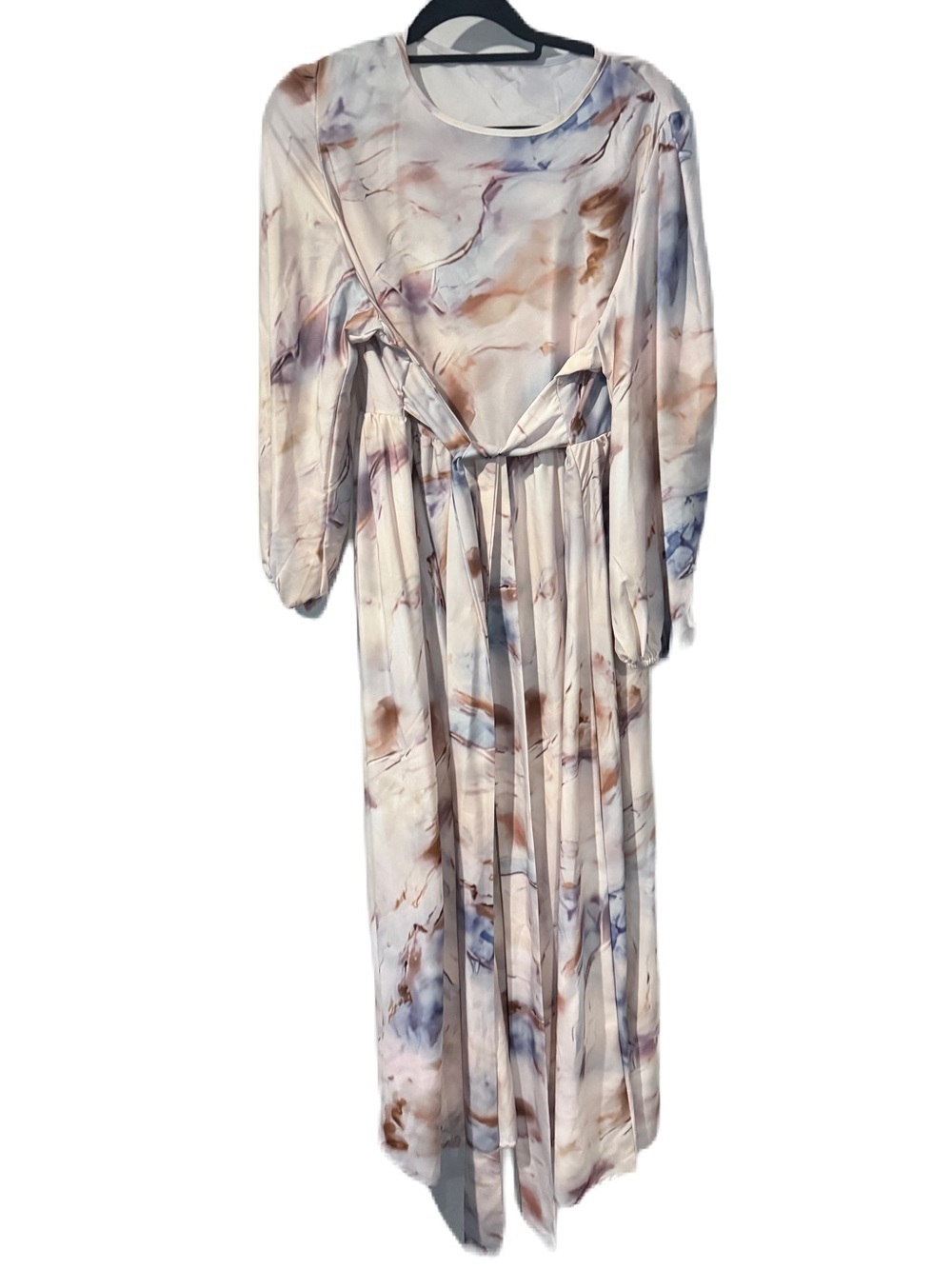 Long Sleeve Marble-Print Maxi Dress in Cream and Brown